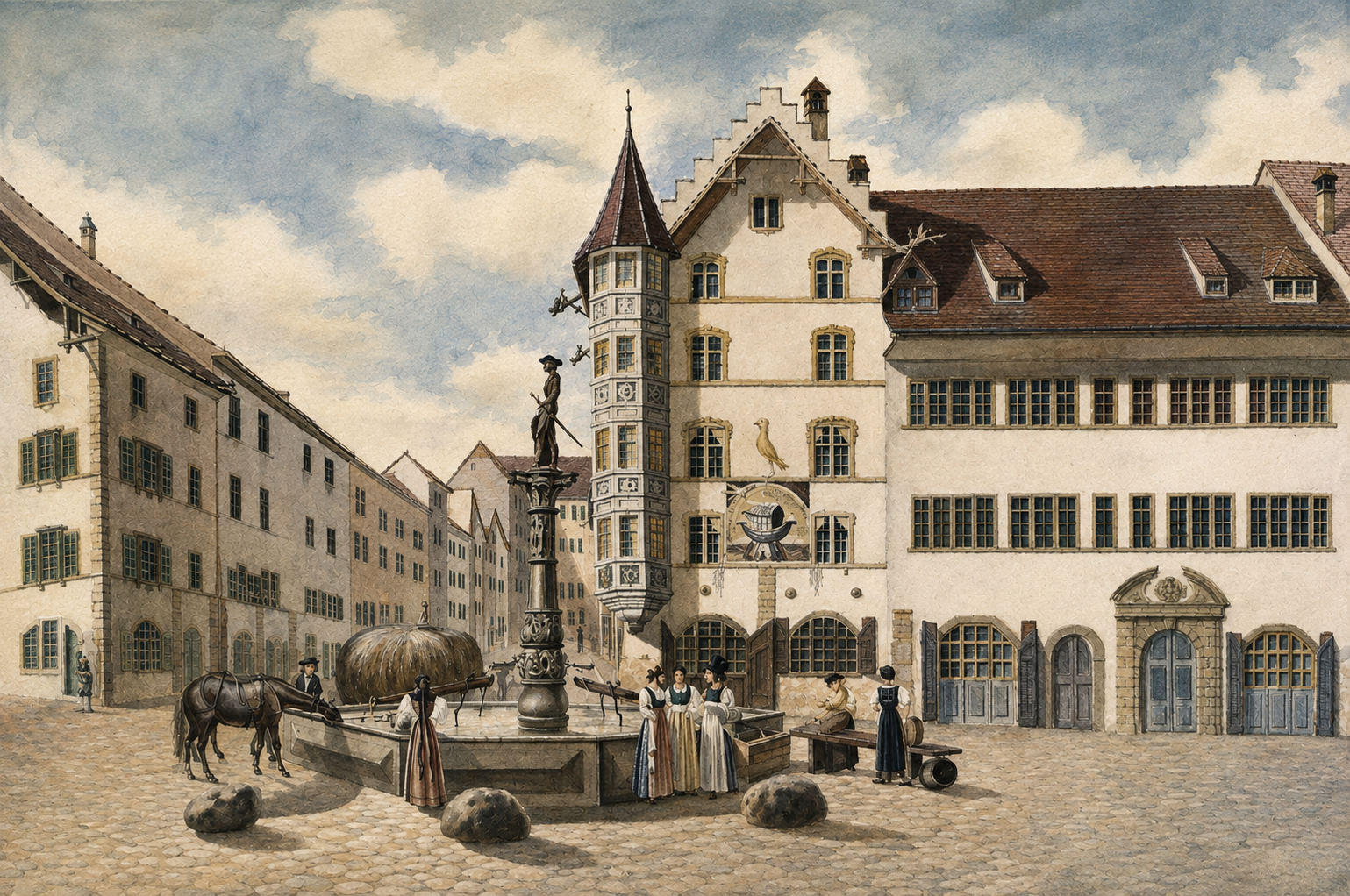 Historische Ansicht des Zunfthauses der Metzger am Fronwagplatz in Schaffhausen